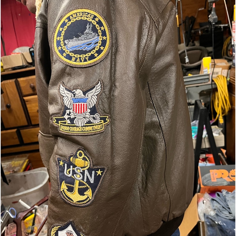 Men’s leather bomber jacket larger authentic navy patches removal